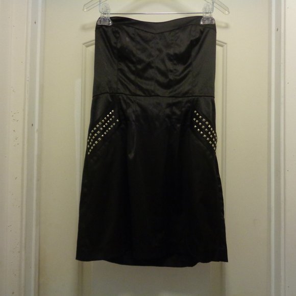 WIMSY GOTH PUNK EMO RETRO BLACK SATIN STRAPLESS STUDS DRESS 6 - Picture 1 of 10